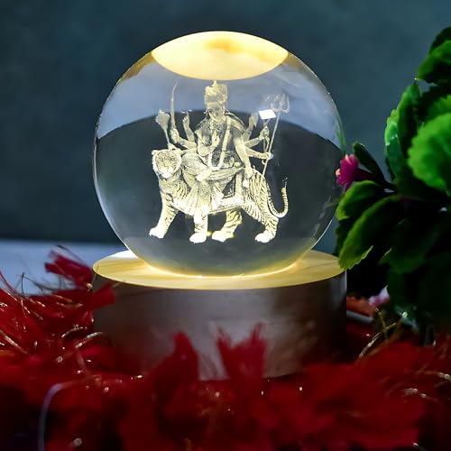Image of 3D Crystal Ball Night Light with Wooden Base, Aesthetic Clear LED Lamp for Home and Bedroom Touch Switch, Warm Light for Kids and Teens Perfect Birthday & Anniversary (Durga MATA)
