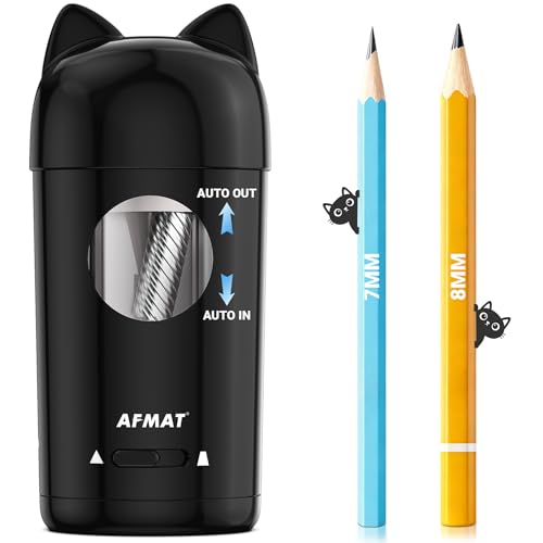 AFMAT Electric Pencil Sharpener, Fully Automatic Rechargeable Sharpeners with Cat Ears, Auto in/Out for φ7-8mm Colored Pencils, Hands-Free Cute Sharpener for Kids,Artists,Home/School/Office, BlackPSX8
