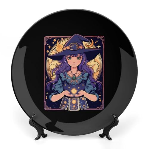 Dark Academia Tarot Card Sun Moon Crystals Witch Bone China Decorative Plate Ceramic Dinner Plates Crafts with Vertical Stand for Home Office Decor 10inch