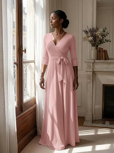 Image of PinkPatty Plus Size Maxi Dresses for Women Casual Flowy Long Dress 3 /4 Sleeve V Neck Wrap Dress with Belt