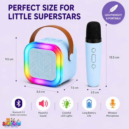 Image of Karaoke Speaker with Wireless Mic for Kids & Adults | Blue Bluetooth Karaoke Machine with RGB LED Lights, Rechargeable Portable Speaker, Stereo Sound | Birthday Gift for Girls & Boys