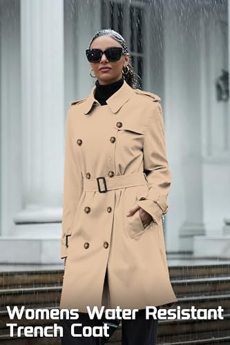 Betusline Women's Double Breasted Waterproof Trench Coat Classic Lapel Overcoat with Belt4