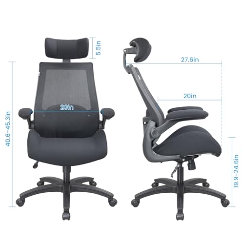 BOLISS 400lbs Ergonomic Mesh Office Chair, High Back Desk Chair - Adjustable Headrest with Flip-Up Arms, Tilt Function, Lumbar Support and Swivel Computer Task Chair-Black