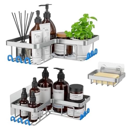 YUMUN 3-Pack,bathroom organiser without drill, shower caddy, adhesive shower caddy with soap holder and 12 hooks, rustproof stainless, bathroom corner shelf, bathroom organizer