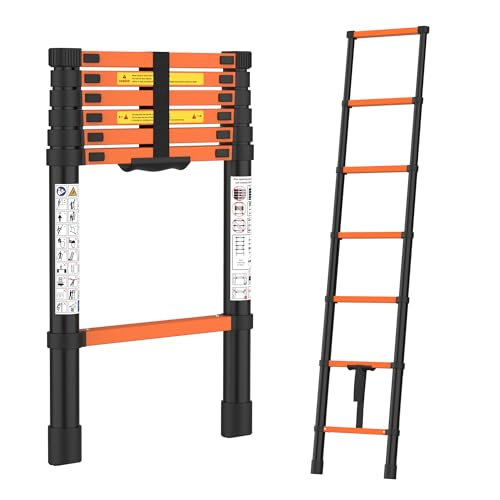 Image of BonKaso Telescopic Ladder, 2M / 6.5Ft, 7 Steps - Heavy-Duty Foldable Alloy Steel Ladder | Anti-Slip, 150kg Load Capacity, Rustproof & EN131 Certified - Matt Black & Orange