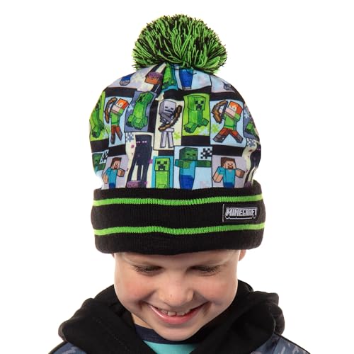 Minecraft Sublimated Character Graphic Kid's Novelty Knit Cuff Pom Pom Beanie Winter Hat Cold Weather OSFM Boy's Girl's Multicolored2