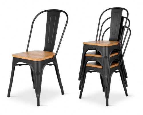 Kosmi Lot de 4 Chaises Industrielles Factory, Chaises Salle à Manger Style Loft Vintage, Métal Noir Mat et Assise Bois Naturel, Chaises Cuisine Empilables,...