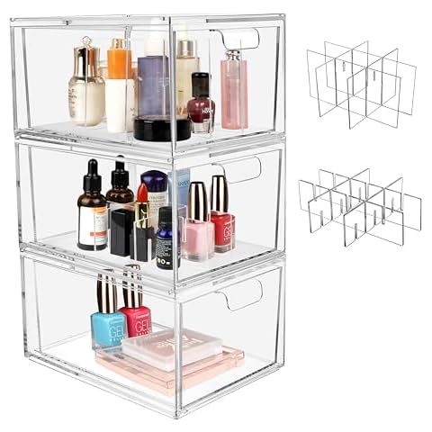 Yes!Fresh Drawer Organizer Stackable Cosmetic Desk Organizer with Removable Interior Partitions for Vanity Organization and Storage,Clear Bathroom Organizer (3) Cover