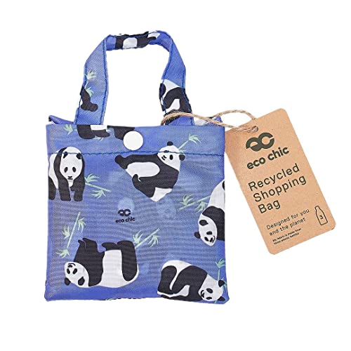 ECO CHIC Lightweight Foldable Reusable Shopping Bag Water Resistant Tote Bag (Pandas Blue) - Image 2
