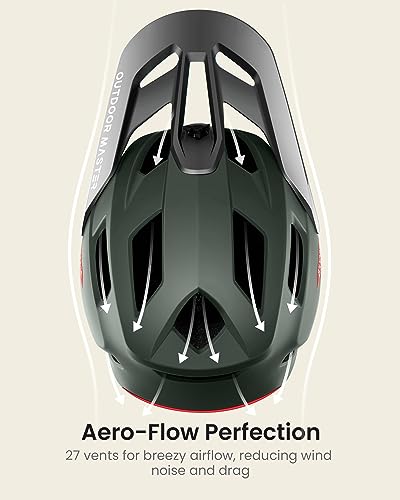 Image of OutdoorMaster Full Face Mountain Bike Helmet, Lightweight for BMX /DH | PC + EPP, 27 vents, Removable liner, 2 D-rings, Goggle strap channel, Pivoting visor, Fits 57-62cm, For downhill /BMX /MTB