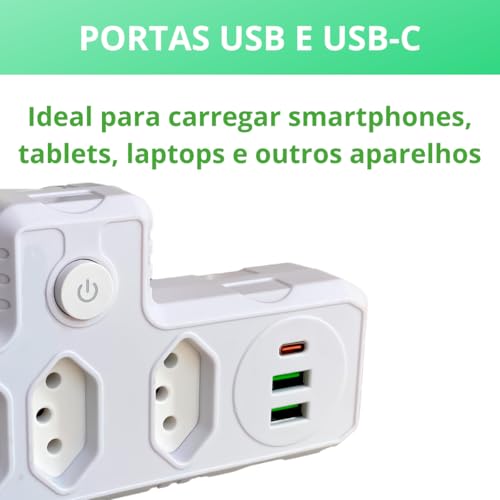 Adaptador Tomada Filtro de Linha Régua Energia Elétrica 3 Tomadas 2 USB 1 USB-C 110-220V Potência 25