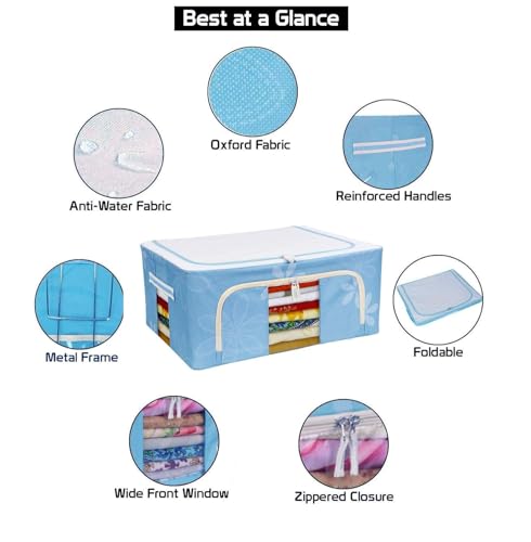 Image of TEKCOOL Foldable Steel Frame Clothes Organizer Storage Box for Wardrobe, Saree, Shirts, and Blankets (44 Ltr - Pack of 4, Oxford Fabric).