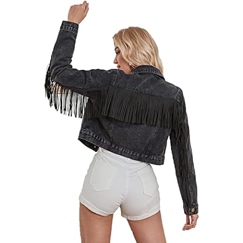 YILANUOYI Women Cropped Denim Jacket long sleeve distressed fringe jean coat (L, S111 Black) Cover