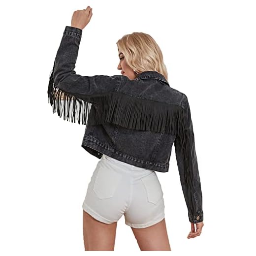 Women Cropped Denim Jacket long sleeve distressed fringe jean coat (L, S111 Black)