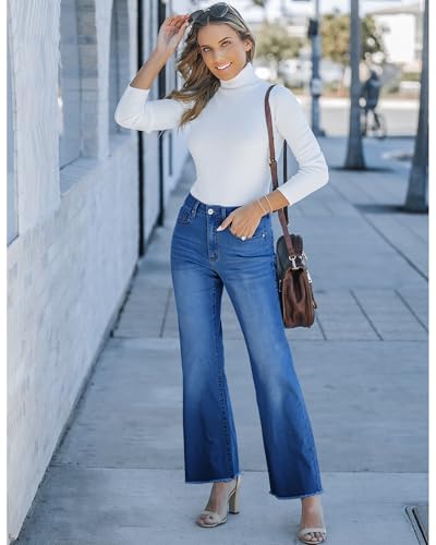 Image of GRAPENT Straight Leg Jeans for Women High Waisted Stretchy Frayed Raw Hem Loose Denim Pants Casual Baggy Jean Trousers