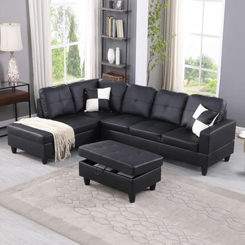 Vaopeox Leather Sectional Couch 105 Inch L Shaped Black Leather Sofa with Storage Ottoman 3 Piece Living Room Furniture Set with Tufted Pillows for Apartment Home Office