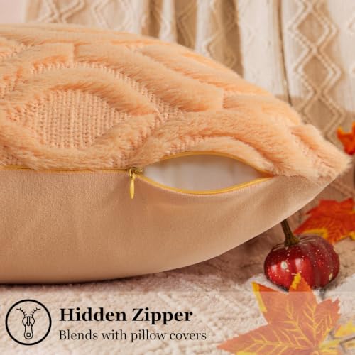 Image of decorUhome Fall Throw Pillow Covers 18x18 Inch Set of 2, Soft Plush Faux Wool Light Orange Solid Couch Pillow Covers, Accent Farmhouse Neutral Square Pillow Cases for Sofa Bed Living Room
