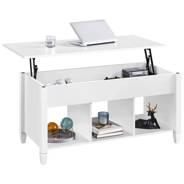 Abician Table Basse Relevable et Rectangulaire en Bois, 1 Grand Compartiment Caché, 3 Compartiments Ouverts, Pied en Bois Massif, Style Minimaliste, Maison, Salon Blanc