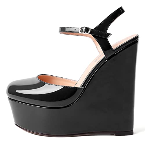 WAYDERNS Womens Dress Round Toe Platform Evening Slingback Patent Buckle Wedge High Heel Pumps Shoes 6 Inch2