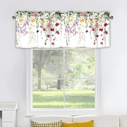 Spring Wildflowers Curtain Valance for Windows Floral Pink Rod Pocket Window Treatments 2 Panels Short Curtains for Kitchen Windows Bathroom Bedroom,54 x 18 Inch