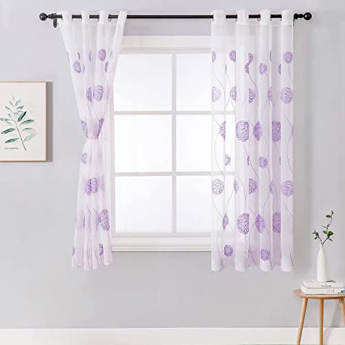 MIULEE Embroidery Sheer Curtains Flora Design Grommet Window Curtain Semi Voile Drapes Panels with Eyelets Window Treatments for Living Room Bedroom 2 Panels 55" W x 69" L Purple - Image 2
