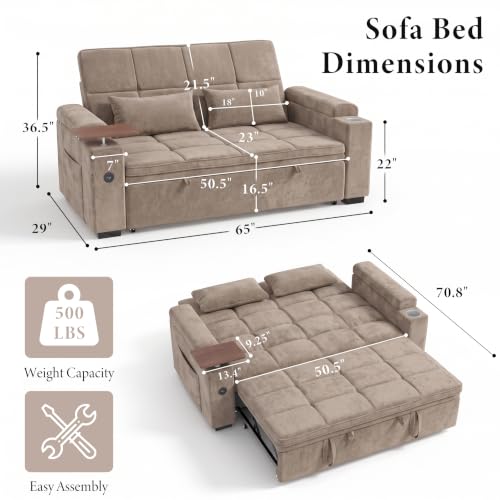 Image of Dreamzie 65'' Convertible Sleeper Sofa Bed with Swivel Side Table, Chenille Pull Out Couch for Living Room, Loveseat Sleeper Couch with Hidden Storage Space | Charging Port | Cup Holders, Brown