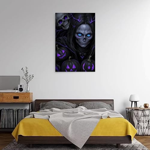 XMHMYHZJ Halloween-Poster mit lila gruseligen Kürbissen und einem Totenkopf mit blauen Augen, Wandkunst, Wandkunst, Wandbild, moderne Dekoration, hängendes Kunstposter, 60 x 90 cm