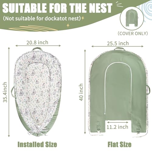 Image of Baby Lounger Cover for Boys Girls, Reversible Baby Nest Cover, Adjustable Baby Lounger Replaceable Cover for Infant Newborn, Portable and Machine Washable, Cotton Green Rabbit Cover