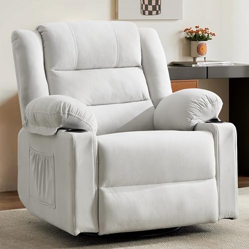 Image of Rocking Recliner Chair for Adults, 360 Swivel Rocker Recliner with Massage and Heating, Manual Glider Rocking Chair with Cup Holders for Living Room Bedroom Nursery (Beige)
