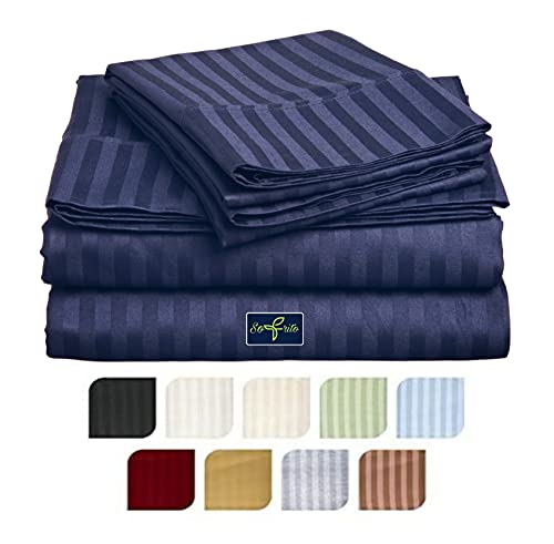 Image of Sofrito Bed Sheet Glace Cotton Striped - 300 TC - Super King (108 inchx108 inch) - with 2 Pillow Cover | Ideal for Hospitals, Clinics, Hostels, PGs, Hotels & Guest Houses | Navy Blue