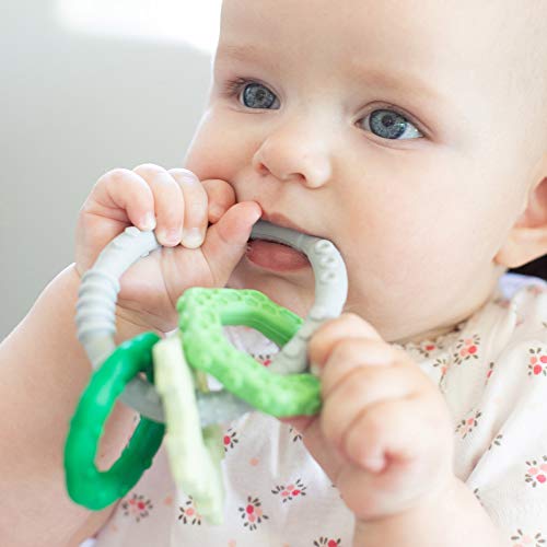 Image of Bumkins Baby Teething Freezer Toy Keys Rings, Soft Flexible Pacifier to Chew, Cool Teether Gum Relief, Babies 3 Months, Freezable Platinum Silicone, Sensory Bracelet with Charms, Green and Gray