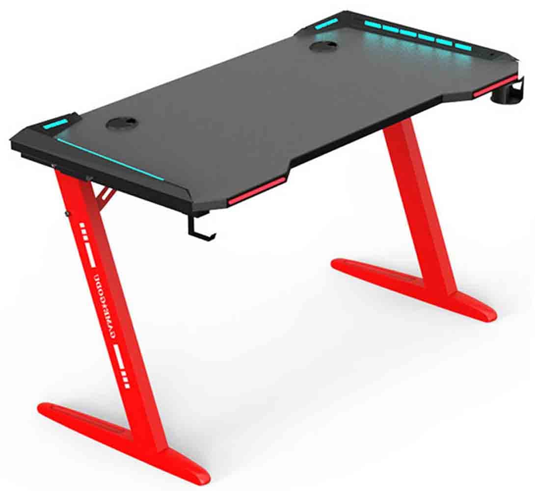 BEONE Gaming Desk with LED Lights 140cm PC Computer Desk Z Shaped Gamer Home Office Computer Desk Table with Handle Rack Cup Holder & Headphone Hook (Red,Z Shape,140x60x74)