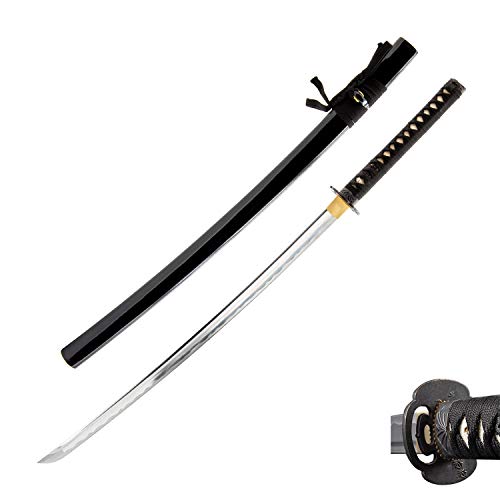 HMS Unsharpened Iaido Trainging Katana Sword, Aluminium Alloy Blade, Handmade, Full Tang, Brass Fittings, Bamboo Alloy Tsuba, Black Scabbard