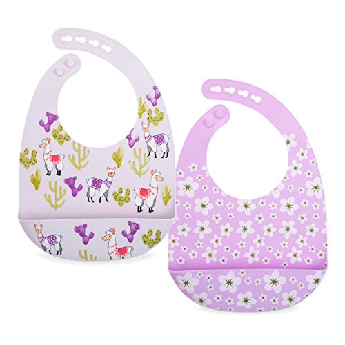 Nuby 2 Pack Adjustable Easy Clean Soft Silicone Bibs with Scoop, Flowers & Llama