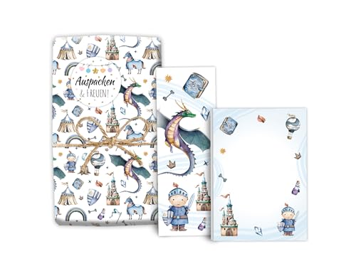 Mitgebsel-Set 8 Geschenkpapierbögen + 8 Lesezeichen + 8 Mini-Notizblöcken + 8 Aufkleber für Mädchen Jungen Gastgeschenke für Kinder Jungsgeburtstag Ritter Drache Motto-Party Giveaways