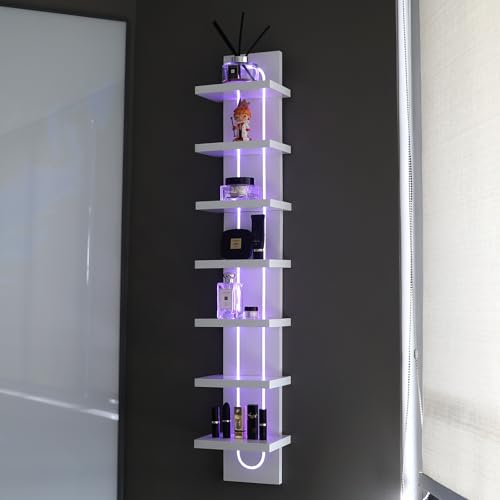 AskTag Exclusive U-Shaped 7-Tier Compact Narrow Wall Shelf Unit with RGB Lighting Modern Vertical Shelf for Vanity Ideal for Anime Figures Perfumes Cosmetics Collectibles White