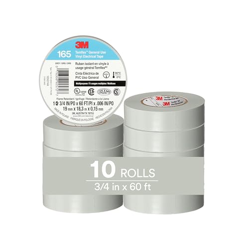 Image of 3M Temflex Vinyl Electrical Tape 165, 3 /4 in x 60 ft, Gray, 10 Roll Pack