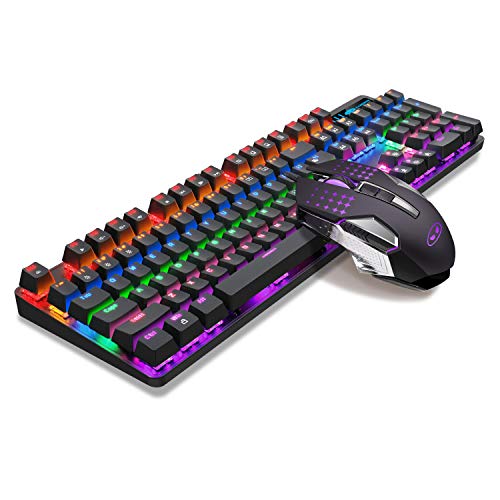 Mechanical Gaming Keyboard and Mouse Combo Blue Switch 104 Keys Rainbow Backlit Keyboards, MageGee MK-Storm,7 Button Mouse Wired for PC Gamer Computer Laptop(Black)