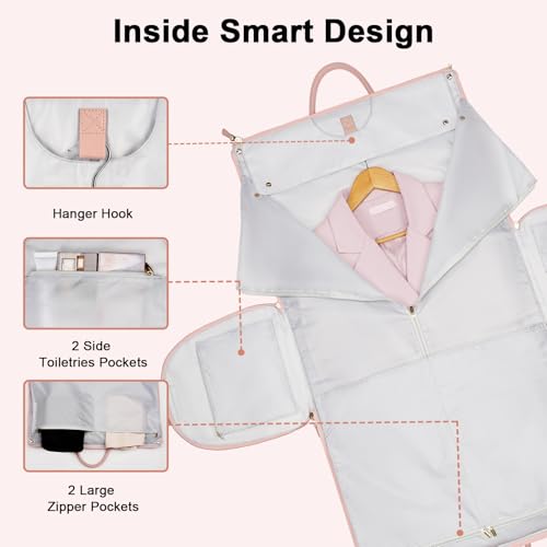 Image of Carry on Garment Bag, Large PU Leather Garment Bags for Travel with Shoe Pouch, Pink, Roller
