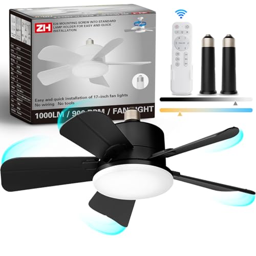 17' Socket Fan Light with Remote and 2 Socket Extenders, Wireless Screw in Ceiling Fan with Dimmable Lights, 1200LM/6500K, Light Bulb Fan for E26/E27 Base - Perfect for Kitchen Bathroom Garage - Black