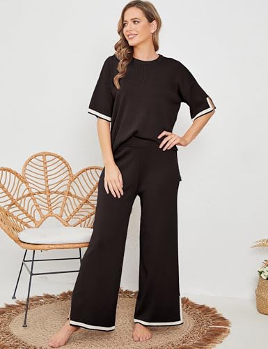 Image of Tanming Sweater Sets Women 2 Piece Lounge Sets Short Sleeve Knit Pullover Tops Wide Leg Pants