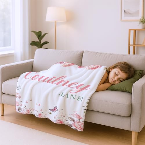 Image of Personalized Baby Blanket with Name, Custom Name Blanket for Kids Soft Flanne Blankets in Easter Personalized Baby Gifts for Infant Newborn Shower (Rose)
