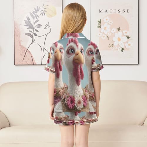 Satin Pajama Sets Short Sleeve Thanksgiving Turkey Floral Button Down Silky Nightwear 2 Piece PJS 5-14Y4