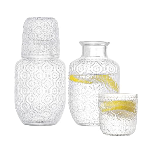 Hniuyun Juego de 4 jarras de agua vintage con vaso, jarra de agua de jugo de vidrio de 500 ml y taza de 150 ml, botella de enjuague bucal de vidrio para cocina, dormitorio o baño