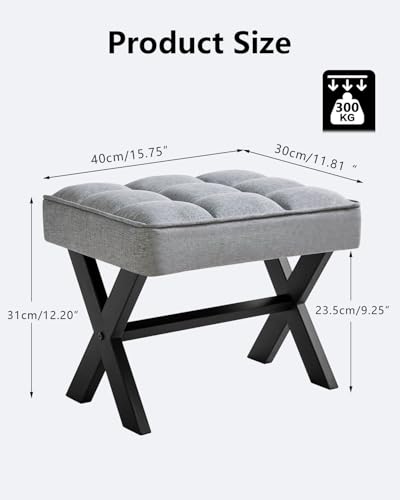 Image of IBUYKE Small 12 inch H Footrest, Square Linen Step Stool, Blue Gray WBD011L | Foot Stool Metal X-Leg Multi-Use Small Side Table Living Room Bedroom Entryway Office