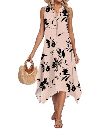 Image of AUSELILY Womens Summer Midi Dress V Neck Sleeveless Casual with Pockets | Flowy womens summer dress with asymmetrical hem, great for beach, vacation and daily wear