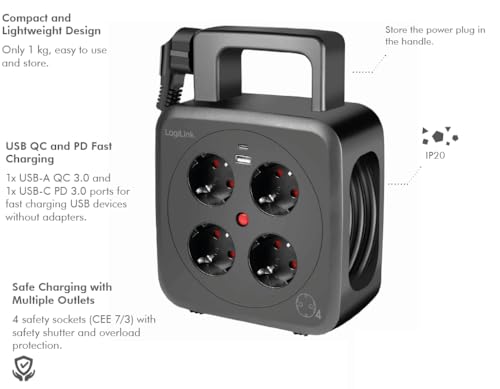 LogiLink LPS504 – bęben kablowy 5 m z 4 gniazdami wtykowymi (gniazda styku ochronnego), 1 x USB-A i 1 x USB-C, klasa ochrony IP20 i termiczny wyłącznik przeciążeniowy