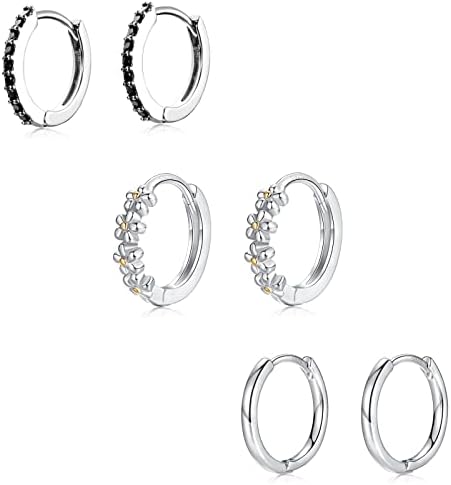 Sterling Silver Hoop Earrings for Women | Hypoallergenic S925 Huggie Hoop Earrings Small Unisex Cartilage Sleepers Huggie Hinged Earrings Studs Set for Multiple Piercing Jewellery Gifts for Girls Men