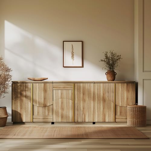 BELLEZE 94 Inch Mid Century Modern Sideboard Cabinet, Wood Arched Accent Buffet Cabinet with Storage, Credenza Console Table for Dining Room, Kitchen,