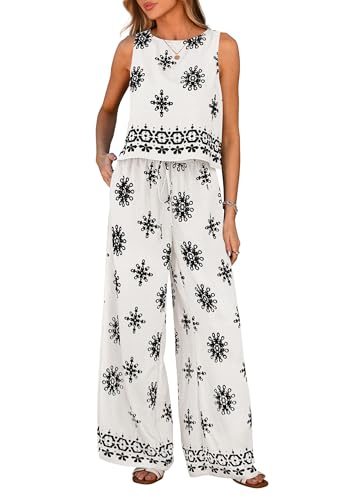 PRETTYGARDEN Womens 2026 Summer 2 Piece Lounge Sets Boho Floral Tank Tops Flowy Wide Leg Pants Travel Beach Vacation Outfits (Floral White Black Large)